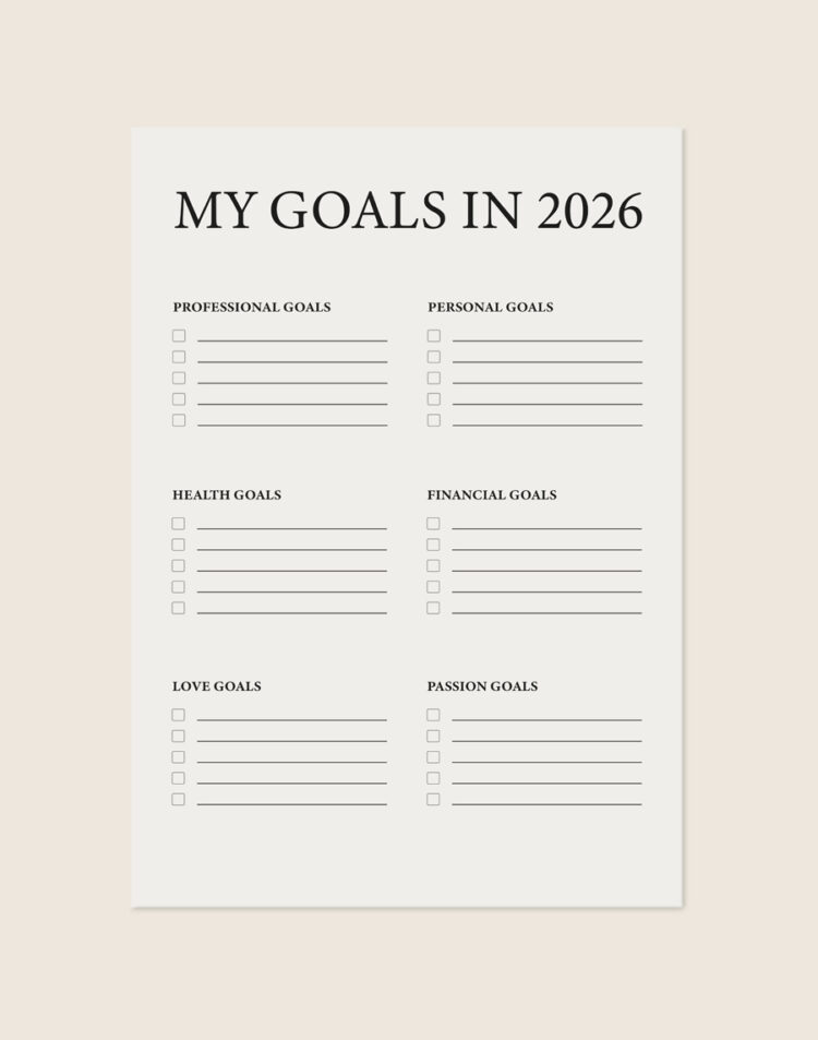 Minimalistische off-white Poster My Goals in 2026 met zwarte letters en zes overzichtelijke vakken met afvinkvakjes voor doelen, sfeervol opgehangen in een ruimte.