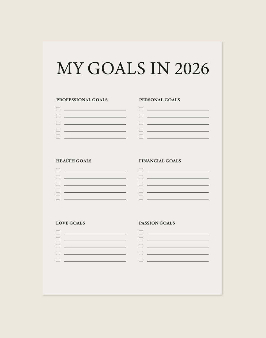 Minimalistische off-white Poster My Goals in 2026 met zwarte letters en zes overzichtelijke vakken met afvinkvakjes voor doelen, sfeervol opgehangen in een ruimte.