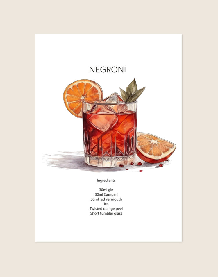 Stijlvolle poster geïnspireerd op de klassieke Italiaanse Negroni cocktail in warme robijnrode tinten, sfeervol opgehangen boven een barcart in een moderne eetkamer.
