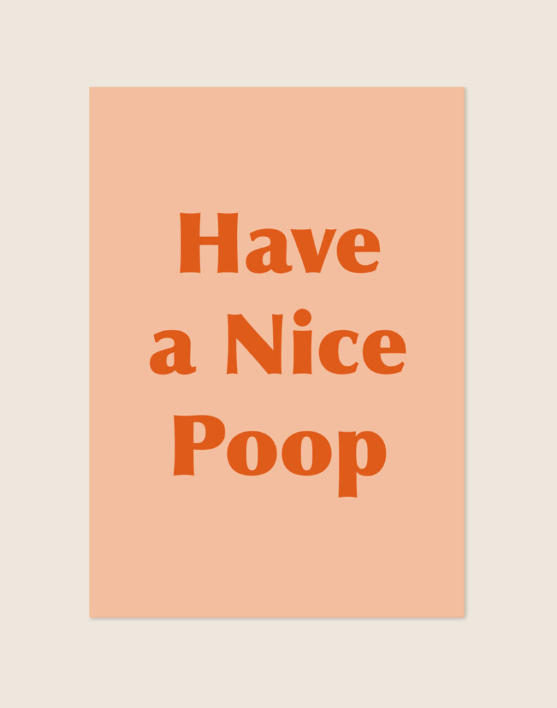Sfeervolle oranje-roze Nice poop poster met oranje letters en de tekst Have a Nice Poop, sfeervol opgehangen in een toiletruimte.