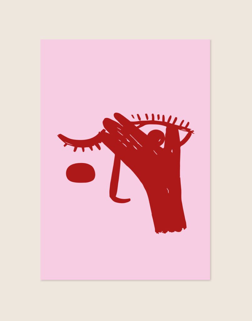 Stijlvolle roze typografische poster met de tekst Niet Kijken, sfeervol opgehangen aan een neutrale muur in een moderne badkamer of toiletruimte.