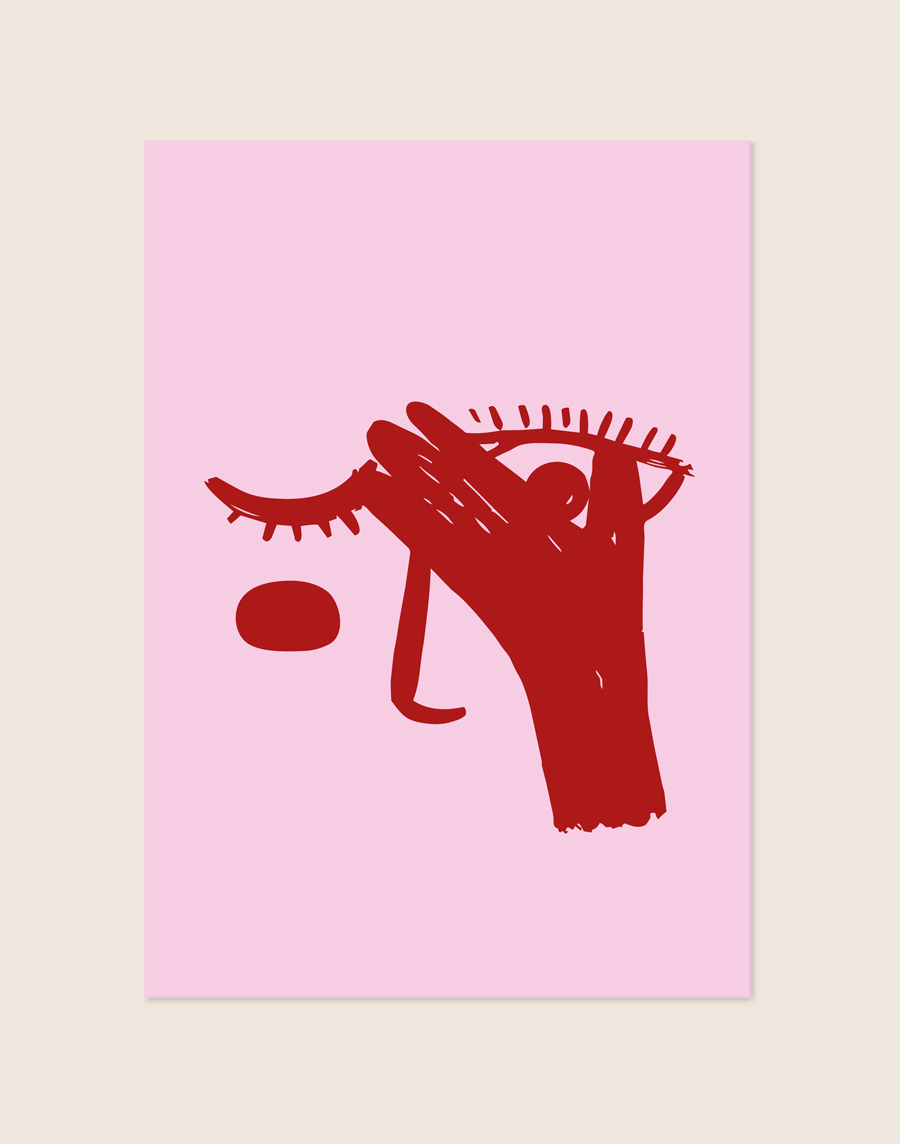 Stijlvolle roze typografische poster met de tekst Niet Kijken, sfeervol opgehangen aan een neutrale muur in een moderne badkamer of toiletruimte.