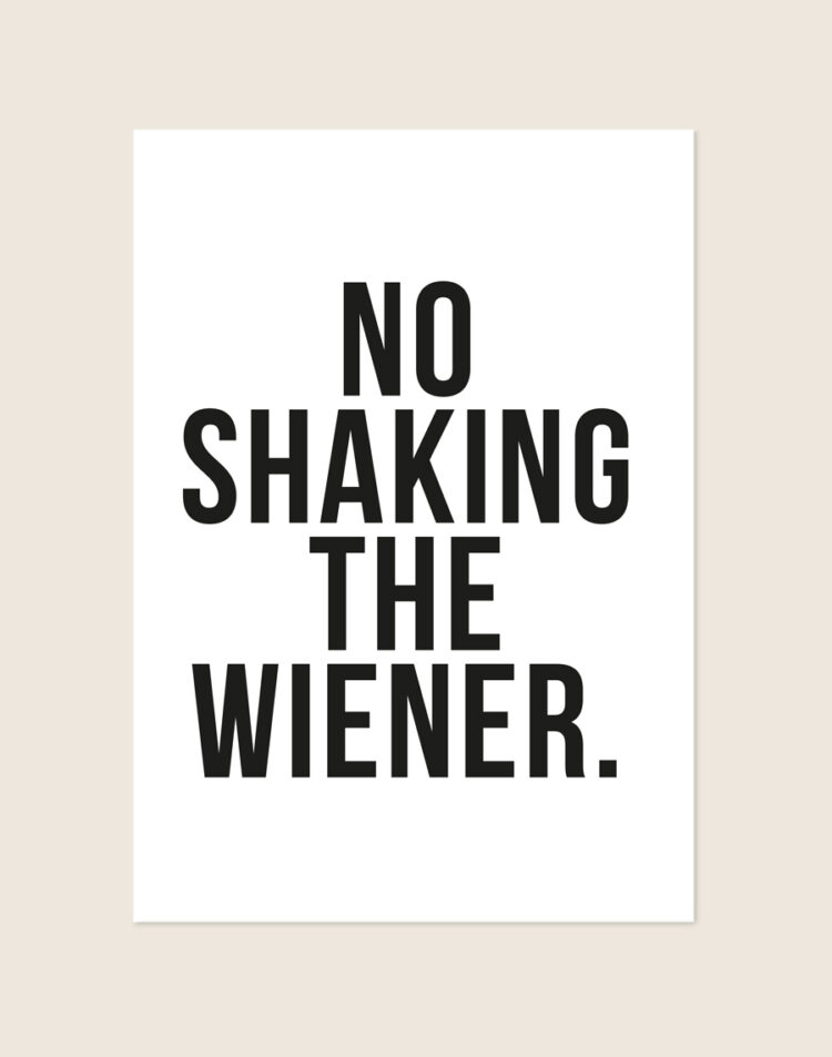 Minimalistische zwart-witte No shaking poster met de tekst NO SHAKING THE WIENER., sfeervol opgehangen in een toiletruimte.