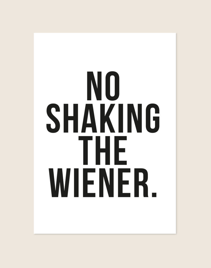 Minimalistische zwart-witte No shaking poster met de tekst NO SHAKING THE WIENER., sfeervol opgehangen in een toiletruimte.