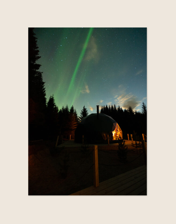 Een spectaculaire, zelfgeschoten nachtfoto van felgroen noorderlicht aan een sterrenhemel, boven een warm verlichte glamping dome omringd door donkere dennenbomen in IJsland.