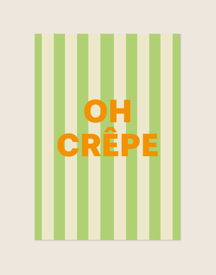 Stijlvolle typografische poster met de grappige tekst Oh Crêpe, sfeervol opgehangen aan de muur in een moderne keuken.
