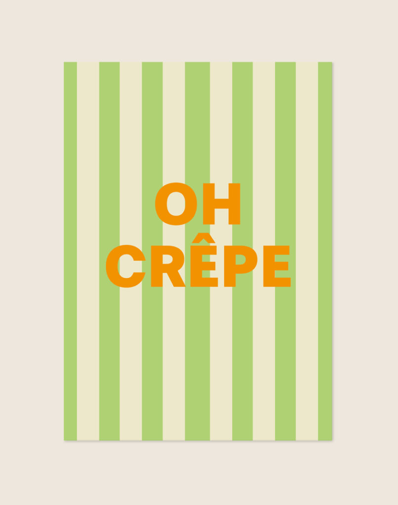 Stijlvolle typografische poster met de grappige tekst Oh Crêpe, sfeervol opgehangen aan de muur in een moderne keuken.