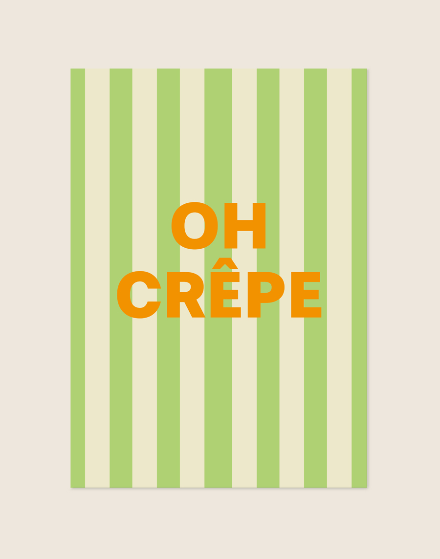 Stijlvolle typografische poster met de grappige tekst Oh Crêpe, sfeervol opgehangen aan de muur in een moderne keuken.