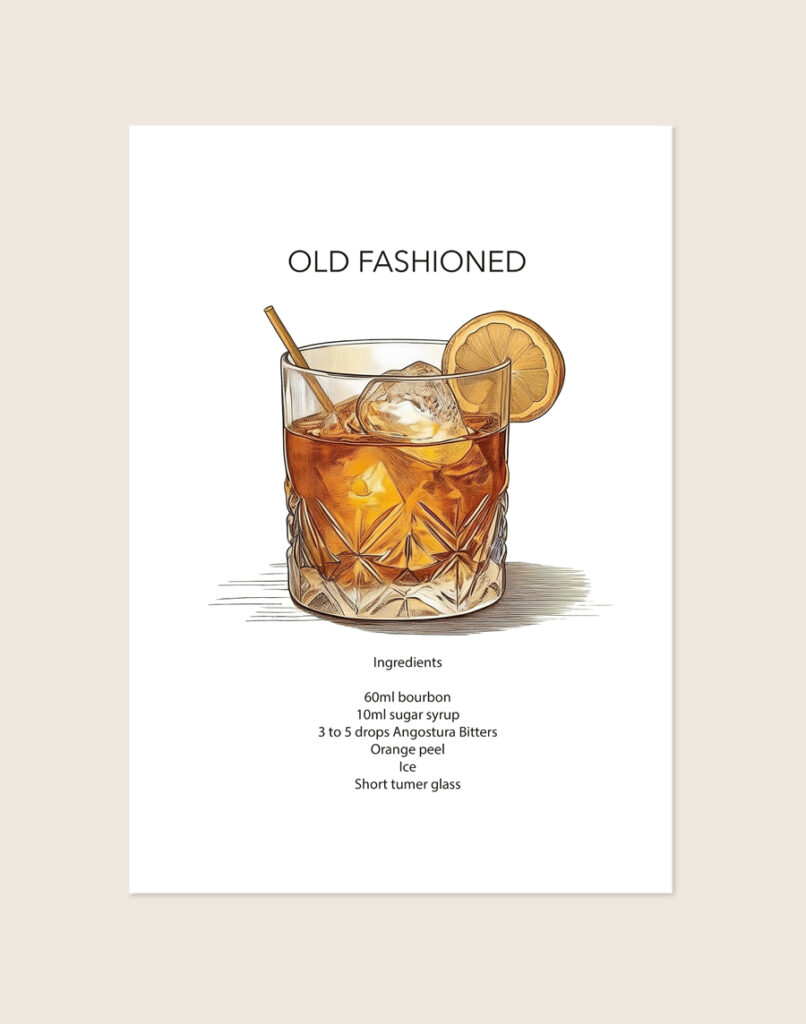 Stijlvolle typografische poster geïnspireerd op de klassieke Old Fashioned cocktail, sfeervol opgehangen boven een vintage barcart in een moderne woonkamer.