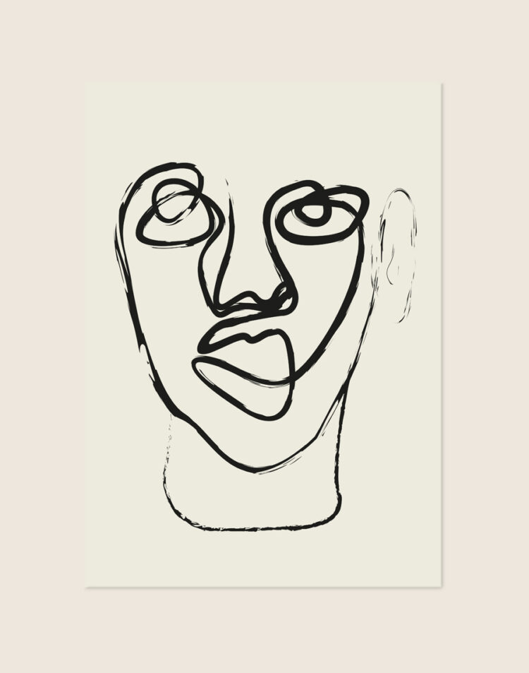 Abstracte lijnkunst poster van een gezicht getekend met doorlopende zwarte geverfde kwaststreken tegen een zachte gebroken witte achtergrond.