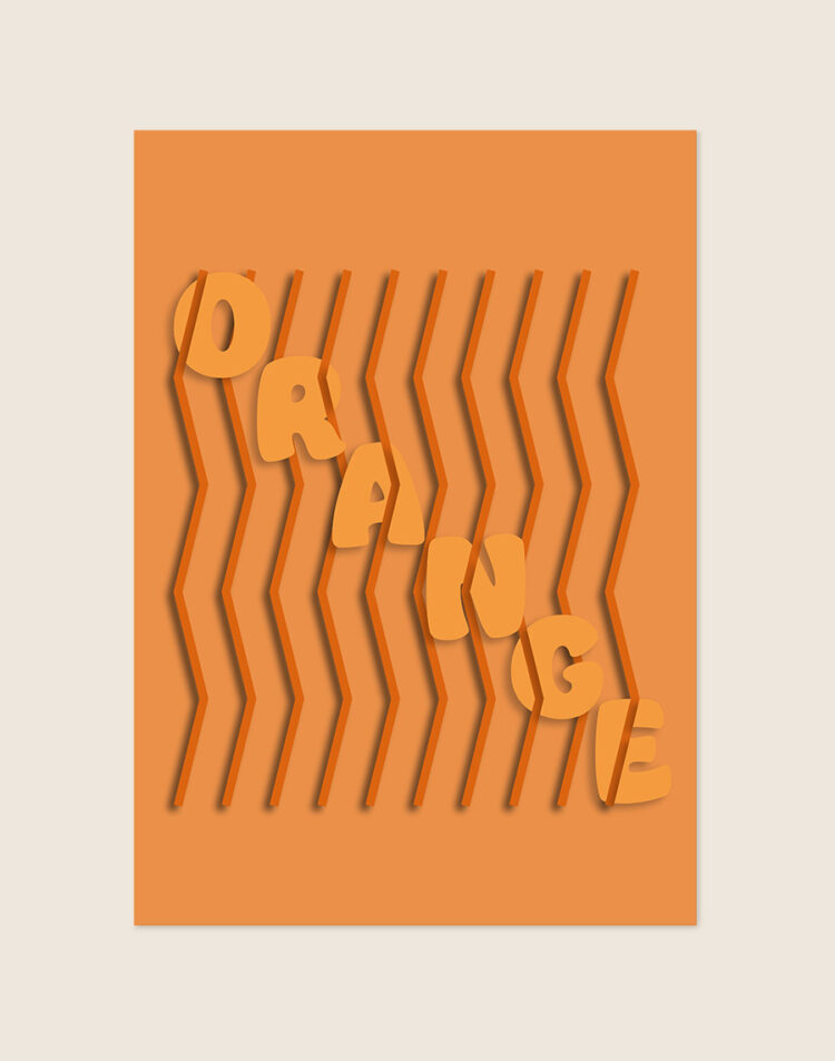 Een grafische poster op een oranje achtergrond met een patroon van verticaal lopende, oranje zig-zag lijnen met schaduweffect. Schuin door de lijnen heen staat het woord 'ORANGE' gespeld in lichtoranje letters.