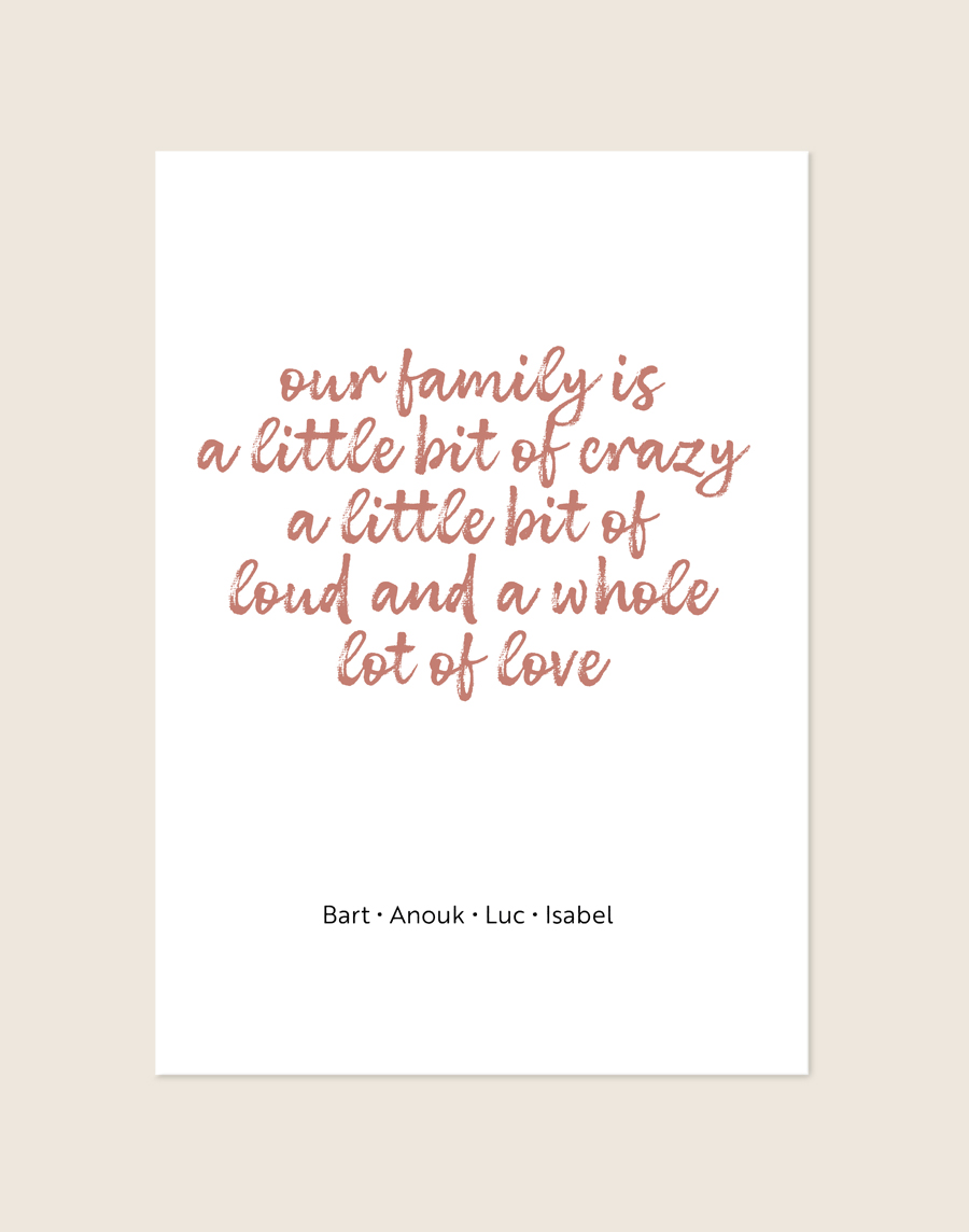 Een stijlvolle poster met een helderwitte achtergrond. Centraal staat de quote "our family is a little bit of crazy a little bit of loud and a whole lot of love" in een speels, roségoud/oudroze handgeschreven brush-lettertype. Onderaan de poster staan vier namen op één regel, in een dun en strak zwart lettertype, subtiel gescheiden door kleine stipjes.