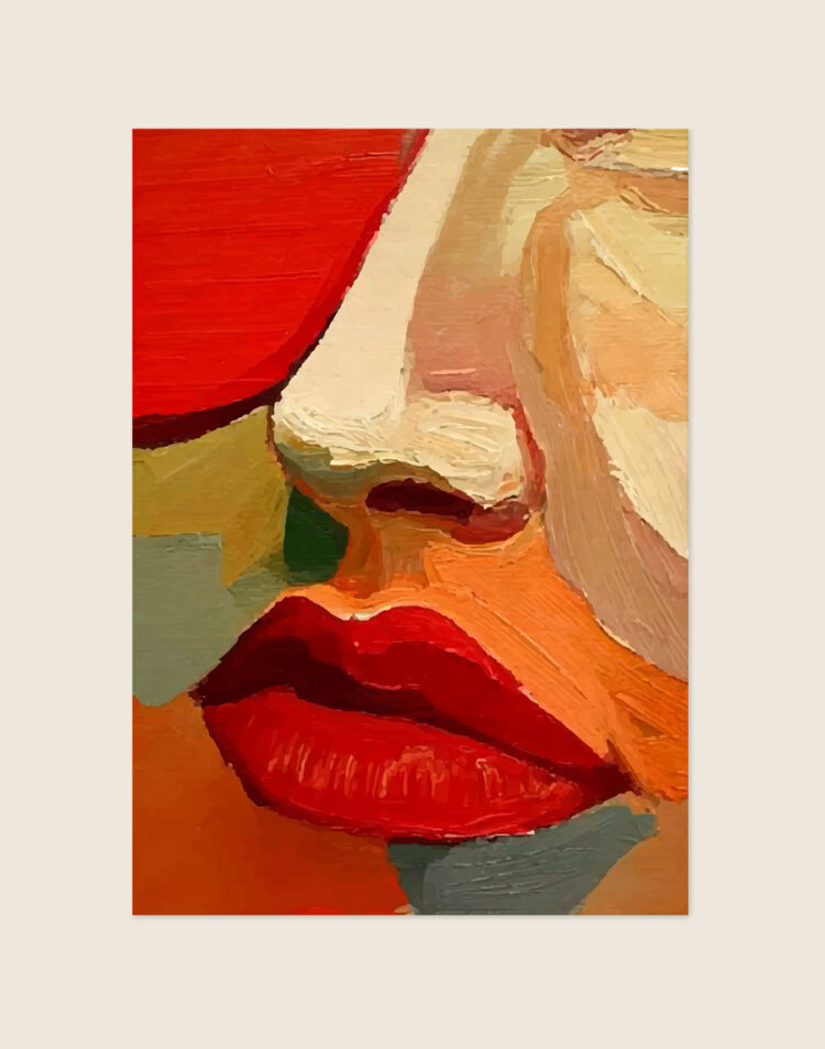 Abstract geschilderde poster van een close-up gezicht met volle rode lippen, uitgesproken penseelstreken en warme rood-, oranje- en beigetinten.
