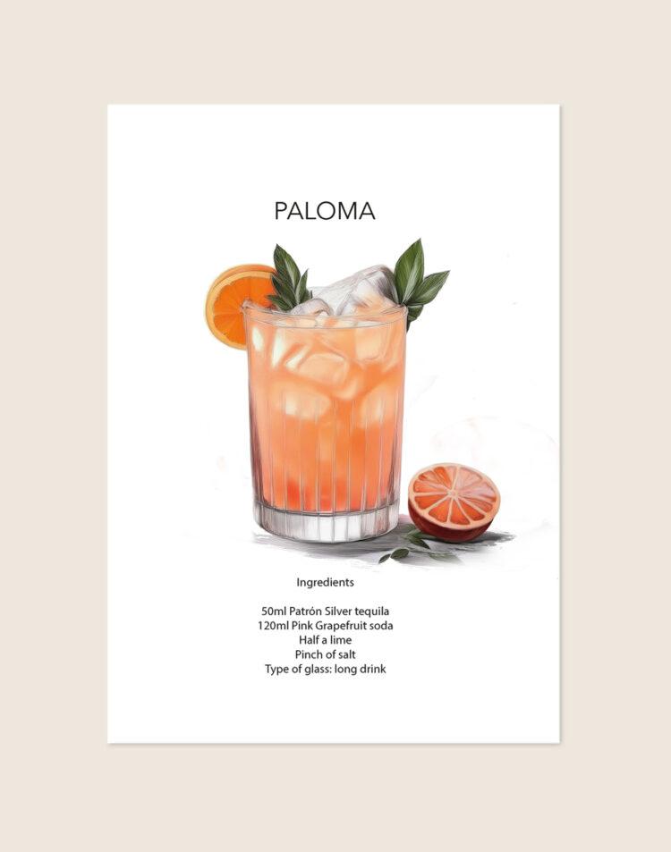 Trendy typografische poster geïnspireerd op de Paloma cocktail in zachte roze- en grapefruittinten, sfeervol opgehangen boven een barcart in een moderne eethoek.