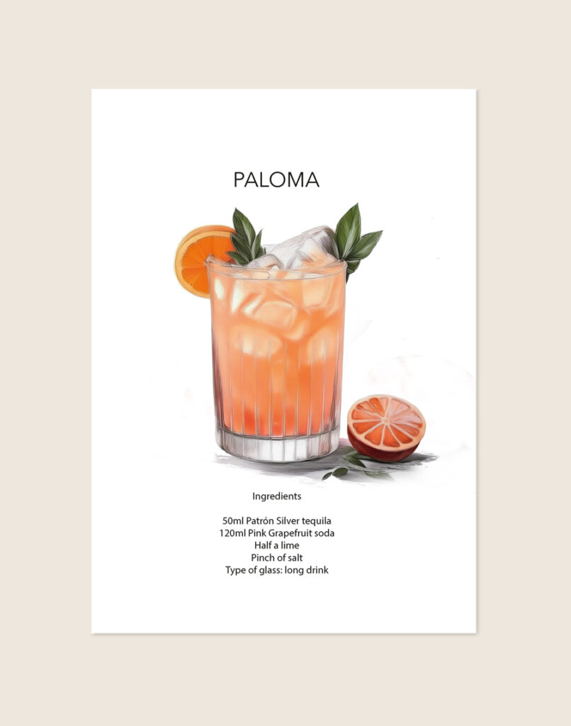 Trendy typografische poster geïnspireerd op de Paloma cocktail in zachte roze- en grapefruittinten, sfeervol opgehangen boven een barcart in een moderne eethoek.