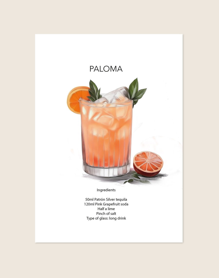 Trendy typografische poster geïnspireerd op de Paloma cocktail in zachte roze- en grapefruittinten, sfeervol opgehangen boven een barcart in een moderne eethoek.