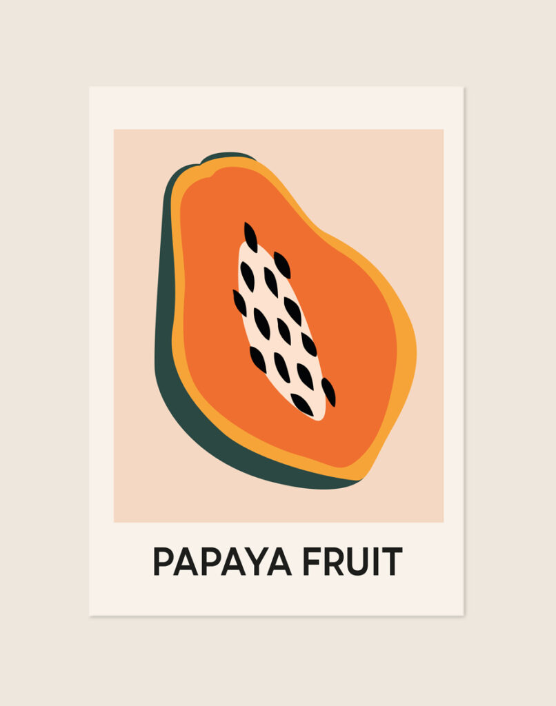 Stijlvolle artistieke poster met een afbeelding van een papaja (Papaya fruit), sfeervol opgehangen aan een neutrale muur in een lichte keuken.