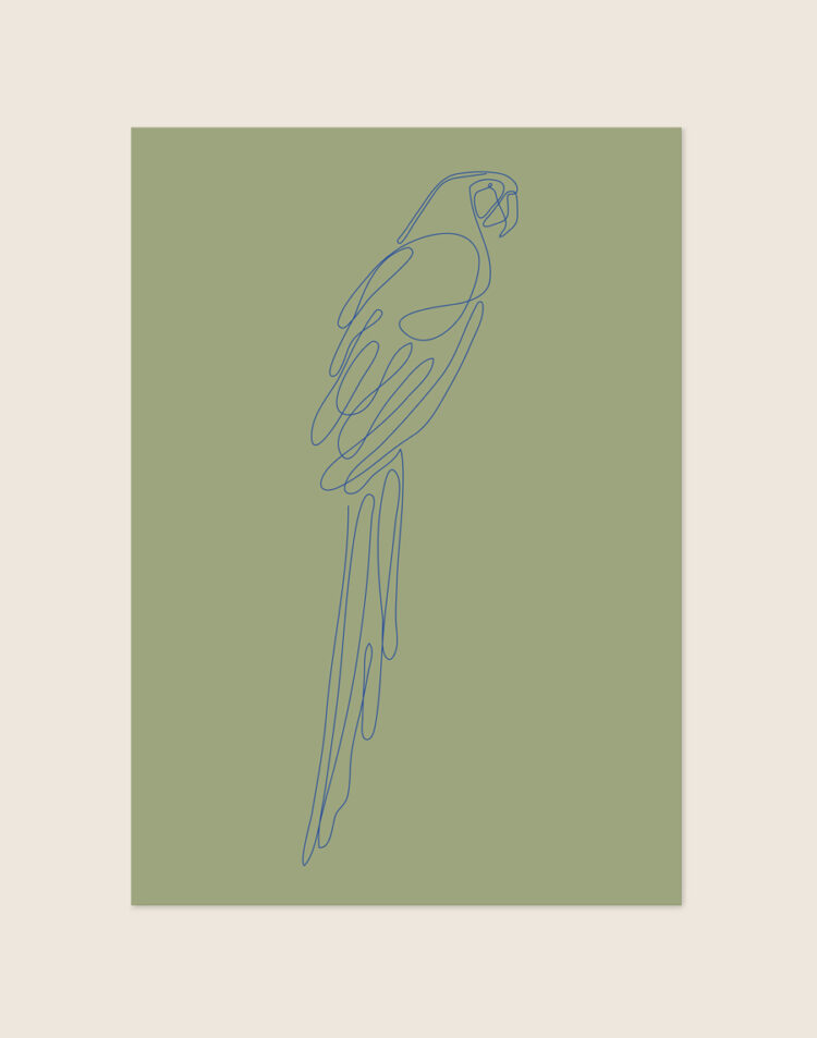 Stijlvolle olijfgroene poster met een blauwe line art tekening van een tropische papegaai met lange staartveren.