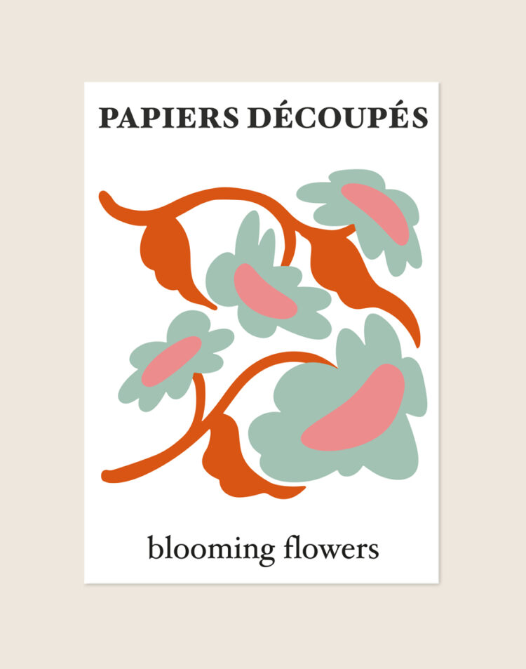 Botanische expositie poster met de tekst 'PAPIERS DÉCOUPÉS blooming flowers' en een knipkunst illustratie van rankende oranje takken met saliegroene bloemen en roze harten.