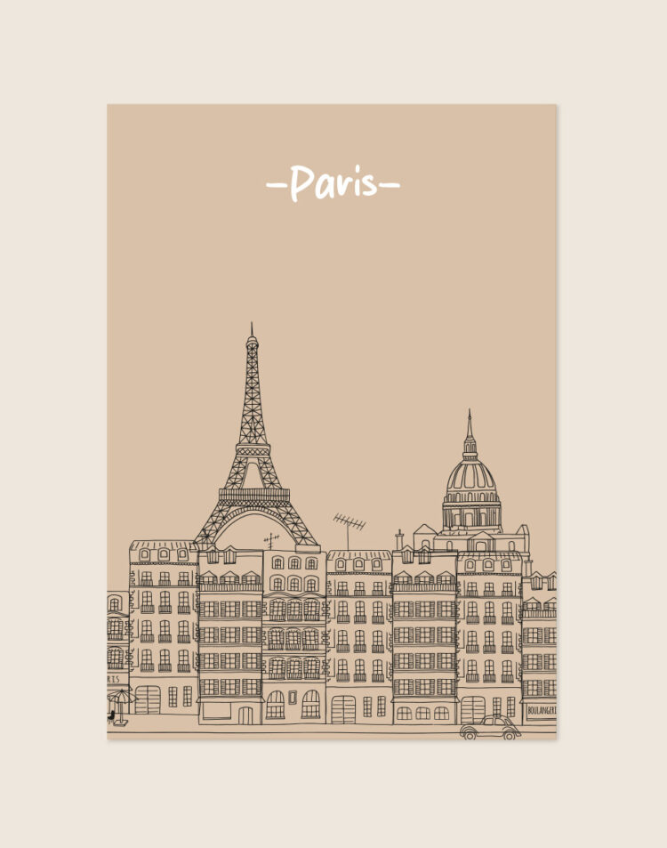 Een poster met een effen zandkleurige achtergrond. Op de onderste helft staat een gedetailleerde zwarte lijntekening van de skyline van Parijs, met daarin onder andere de Eiffeltoren, de Sacré-Cœur, klassieke stadsgebouwen en een auto. Bovenaan staat gecentreerd het woord '-Paris-' geschreven in een wit, speels lettertype.