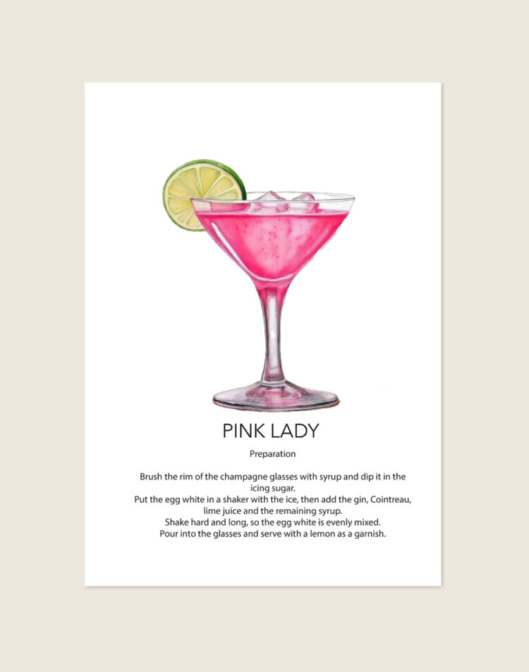 Stijlvolle typografische poster geïnspireerd op de klassieke Pink Lady cocktail in zachtroze tinten, sfeervol opgehangen boven een barcart in een moderne woonkamer.