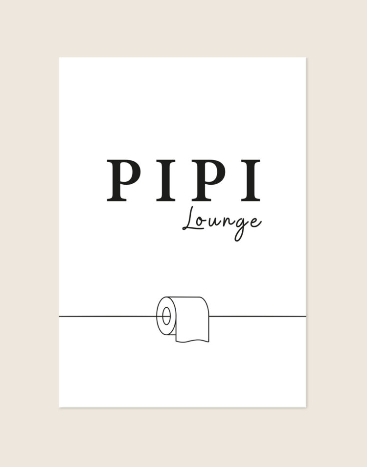 Minimalistische zwart-witte Pipi lounge poster met zwarte typografie en een illustratie van een wc-rol, sfeervol opgehangen in een toiletruimte.