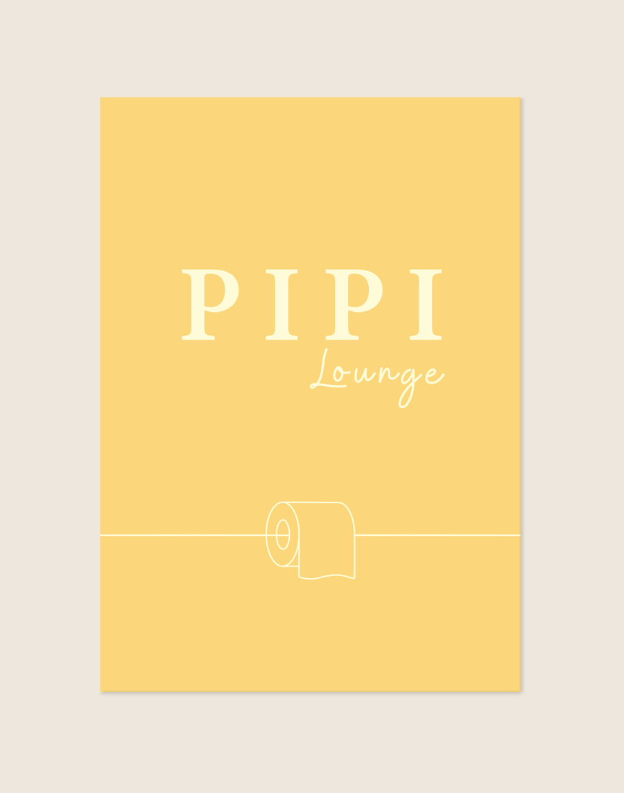 Sfeervolle gele pipi lounge poster met witte typografie en een illustratie van een wc-rol, sfeervol opgehangen in een toiletruimte.