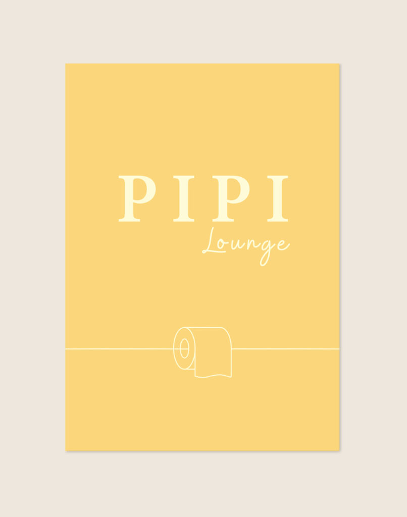 Stijlvolle gele typografische poster met de witte tekst PIPI Lounge en een illustratie van een wc-rol, sfeervol opgehangen aan een neutrale muur in een moderne toiletruimte.