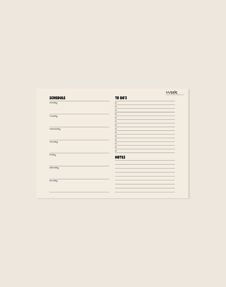 Een horizontale planner poster met een zachtbeige achtergrond. Links bevindt zich een weekindeling onder de kop 'SCHEDULE' voor maandag t/m zondag. Rechts staat bovenaan 'Week' met een streep, daaronder een lijst onder 'TO DO'S' met afvinkrondjes en daaronder een gedeelte onder 'NOTES' met horizontale schrijflijnen.