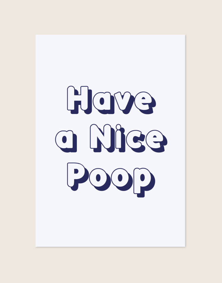 Retro witte Poop poster met blauwe 3D-letters en de tekst Have a Nice Poop, sfeervol opgehangen in een toiletruimte.