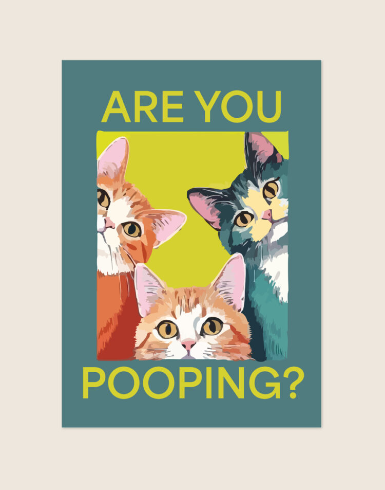 Sfeervolle petrolblauwe poster met drie nieuwsgierige geïllustreerde katten en gele tekst Are you pooping, sfeervol opgehangen aan een neutrale muur in een moderne toiletruimte.
