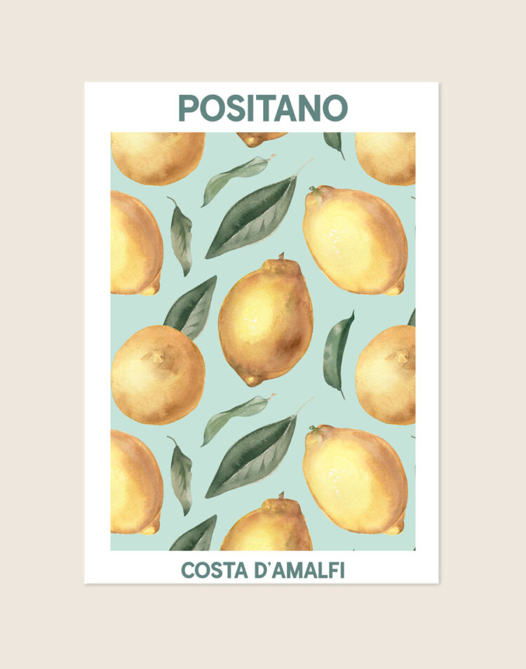 Stijlvolle artistieke stedenposter van Positano aan de Amalfikust, sfeervol opgehangen aan een neutrale muur in een modern interieur.