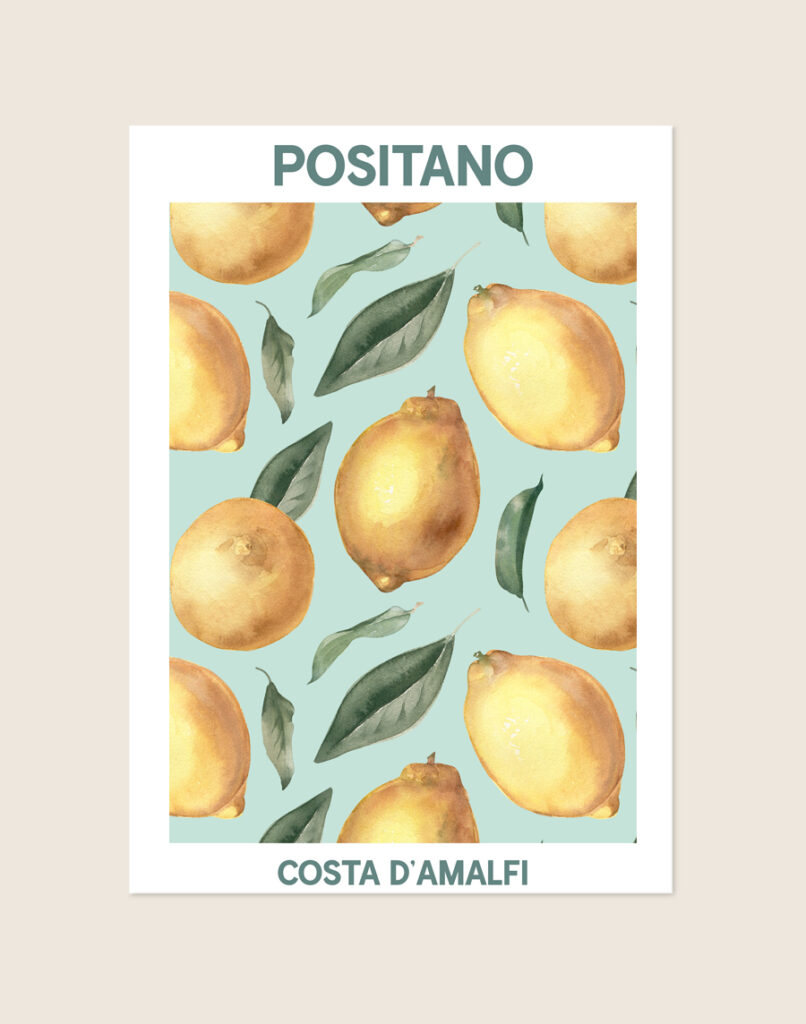 Stijlvolle artistieke stedenposter van Positano aan de Amalfikust, sfeervol opgehangen aan een neutrale muur in een modern interieur.