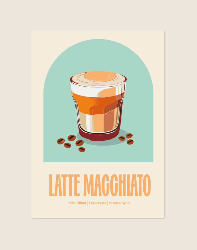Stijlvolle typografische poster geïnspireerd op latte macchiato, sfeervol opgehangen aan de muur boven een koffiehoek in een moderne keuken.