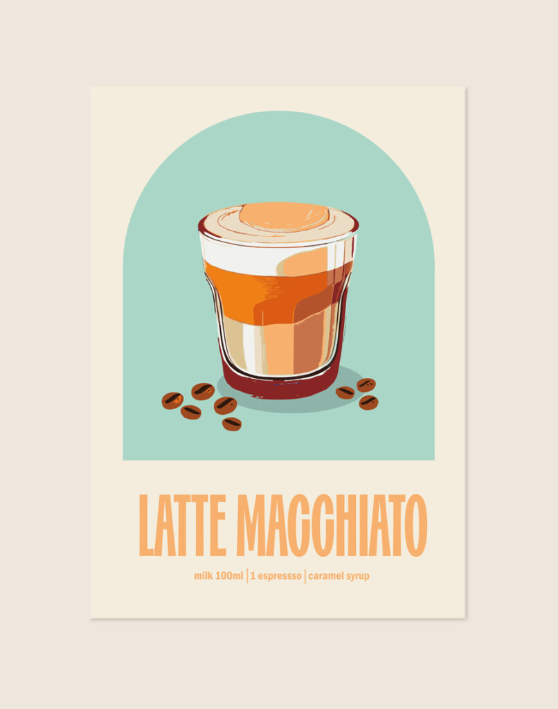 Stijlvolle typografische poster geïnspireerd op latte macchiato, sfeervol opgehangen aan de muur boven een koffiehoek in een moderne keuken.