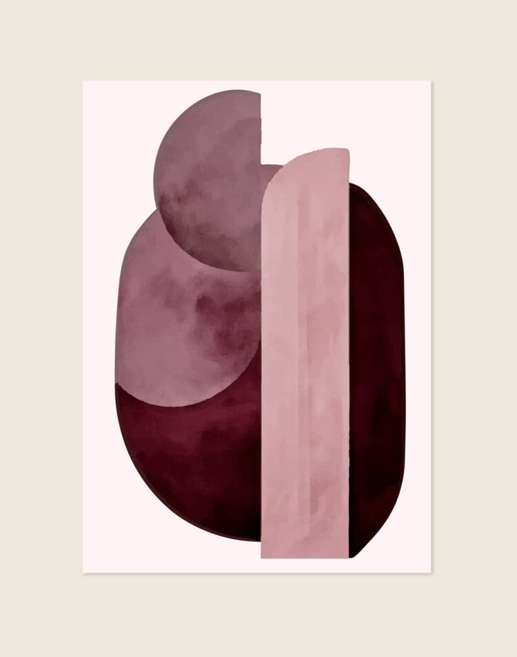 Abstracte poster met afgeronde organische vormen en een verticale balk in auberginepaars, mauve en zacht oudroze op een hele lichte achtergrond.