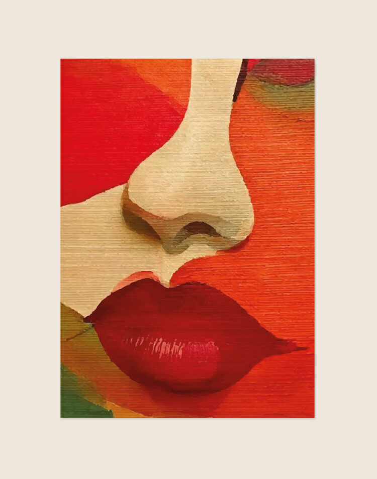 Abstract geschilderde poster van een close-up gezicht met dieprode lippen, zichtbare doektextuur en een warm kleurenpalet van rood, oranje en beige.