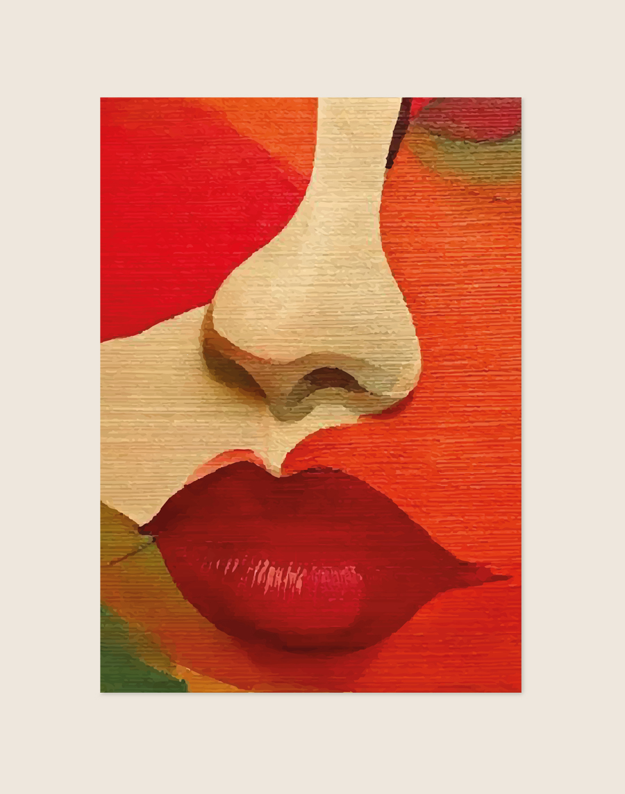 Abstract geschilderde poster van een close-up gezicht met dieprode lippen, zichtbare doektextuur en een warm kleurenpalet van rood, oranje en beige.