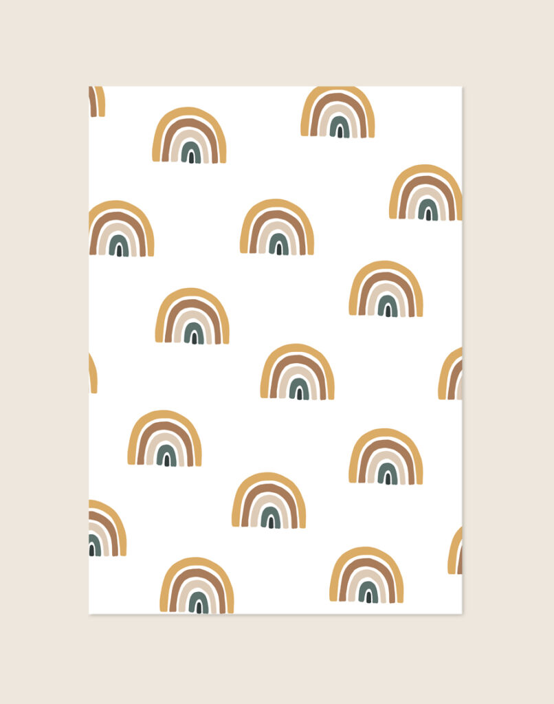Boho kinderkamer Poster Regenbogen met een patroon van handgetekende regenbogen in aardetinten op een helderwitte achtergrond, sfeervol opgehangen in een ruimte.