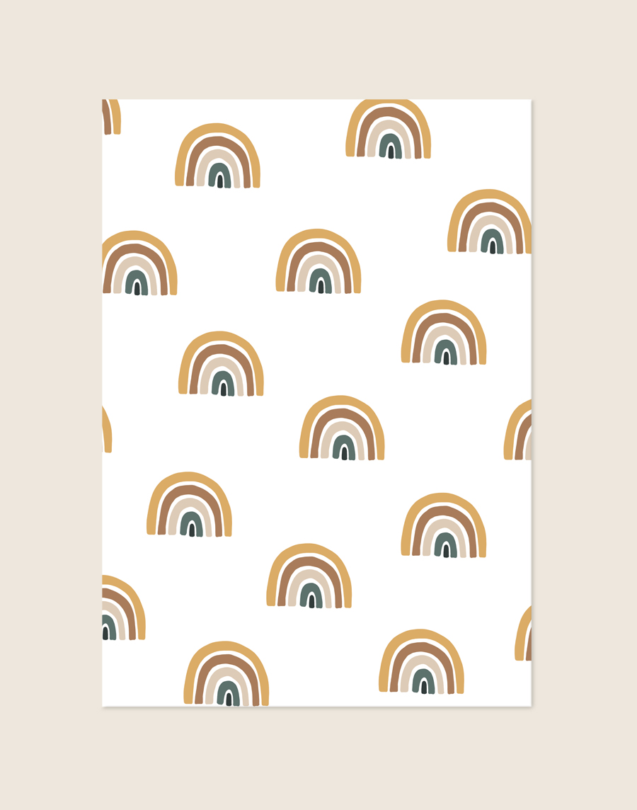 Boho kinderkamer Poster Regenbogen met een patroon van handgetekende regenbogen in aardetinten op een helderwitte achtergrond, sfeervol opgehangen in een ruimte.