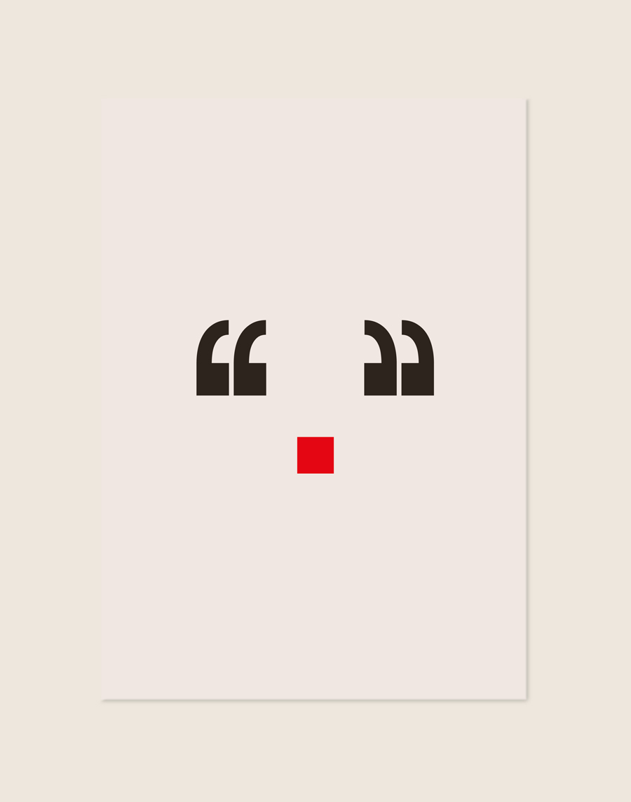 Een minimalistische en grafische poster met een rendiergezicht gevormd door twee sets zwarte typografische aanhalingstekens en een centraal rood vierkant voor de neus, sfeervol opgehangen in een modern interieur.