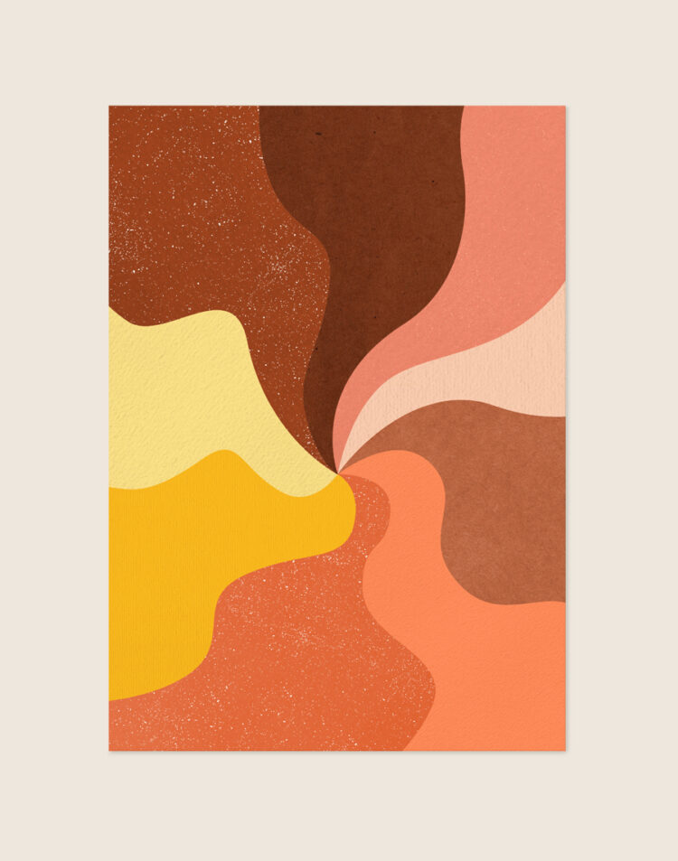 Abstracte retro poster met een spiraalvormige werveling van golvende banen met textuur in warm geel, oranje, terracotta, koraal en chocoladebruin.