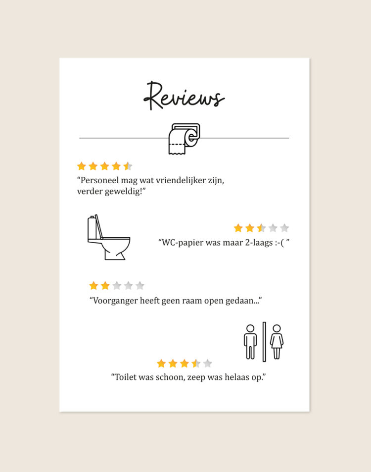 Minimalistische poster Reviews met grappige wc-beoordelingen en gele sterren, sfeervol opgehangen in een toiletruimte.