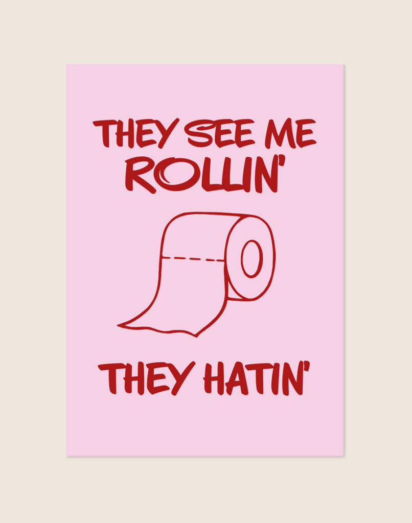 Grappige roze poster met de tekst 'They see me rollin', they hatin' en een illustratie van een wc-rol, sfeervol opgehangen aan een neutrale muur in een moderne toiletruimte.