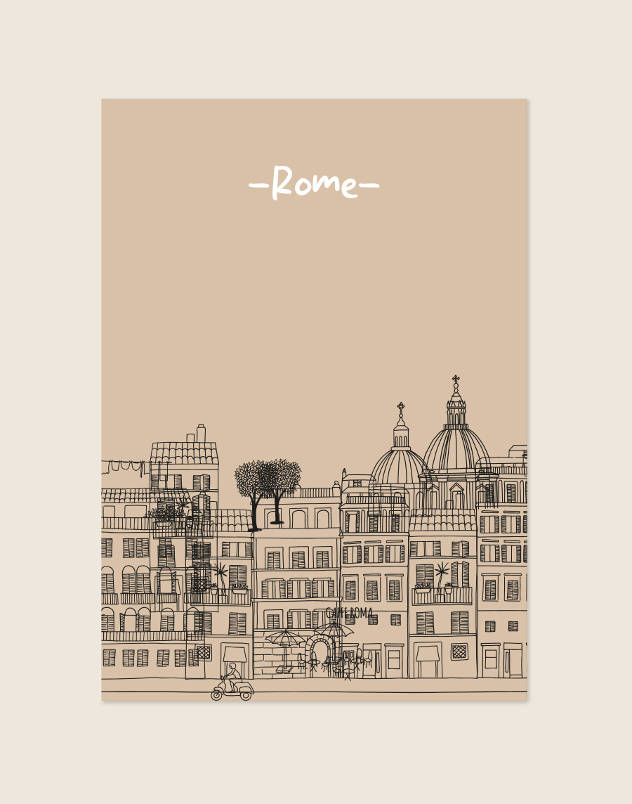 Een poster met een effen zandkleurige achtergrond. Op de onderste helft staat een gedetailleerde zwarte lijntekening van de skyline van Rome, met daarin onder andere historische gebouwen met koepels, een terrasje en een scooter op straat. Bovenaan staat gecentreerd het woord '-Rome-' geschreven in een wit, speels lettertype.
