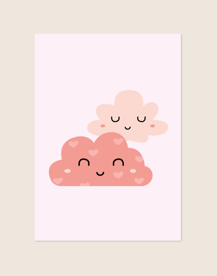 Een lieflijke kinderposter met een lichtroze achtergrond, met daarop de illustratie van twee schattige, lachende wolkjes met gezichtjes en roze wangetjes. Het voorste wolkje heeft een warmere roze kleur en is versierd met kleine hartjes.