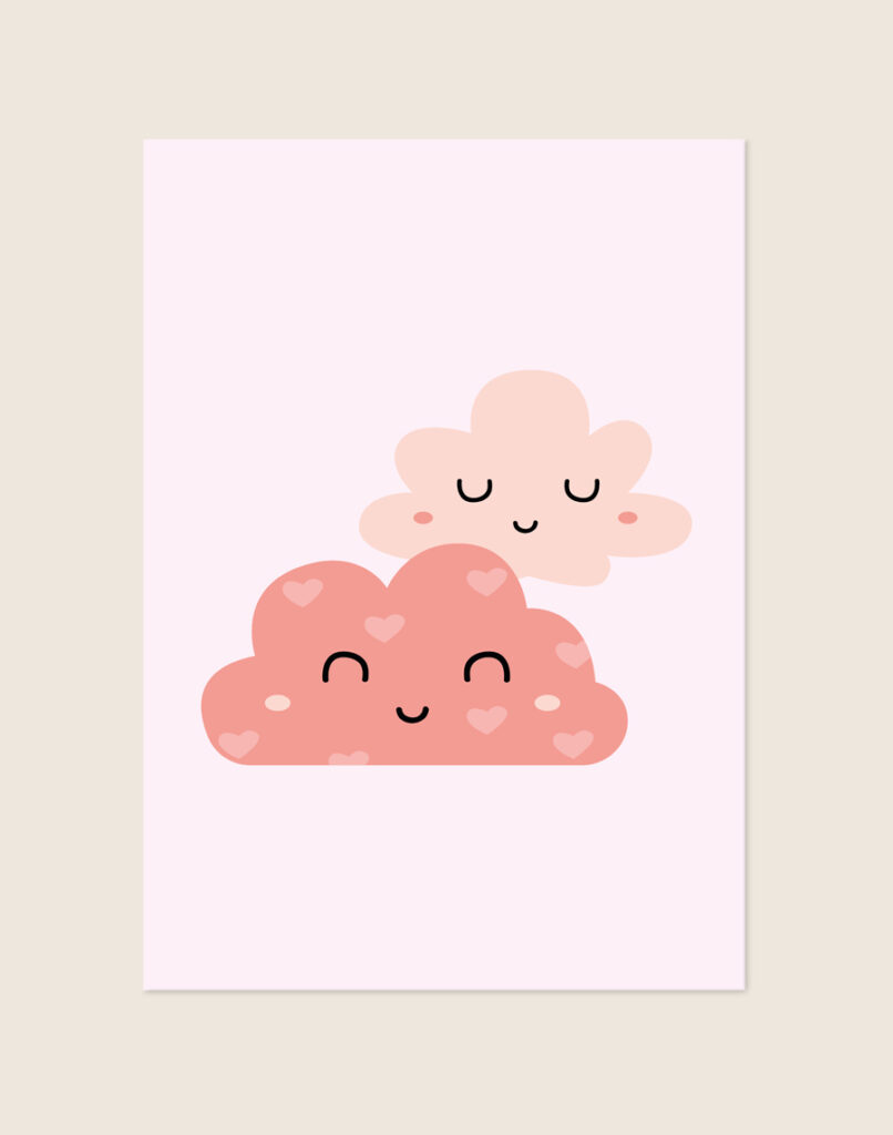 Een lieflijke kinderposter met een lichtroze achtergrond, met daarop de illustratie van twee schattige, lachende wolkjes met gezichtjes en roze wangetjes. Het voorste wolkje heeft een warmere roze kleur en is versierd met kleine hartjes.