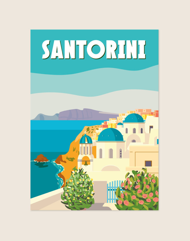 Vintage poster van Santorini in Griekenland met witte huisjes, blauwe koepeldaken, een citroenboom en bloeiende bougainville aan een diepblauwe zee.