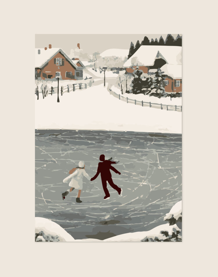 Een nostalgische, schilderachtige poster van twee schaatsende mensen op natuurijs, met op de achtergrond een sfeervol besneeuwd landschap met bomen en roodbruine huizen.