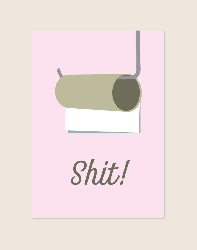 Lichtroze poster met een minimalistische illustratie van een lege toiletrol aan een houder en het woord Shit!, sfeervol opgehangen aan een neutrale muur in een moderne toiletruimte.